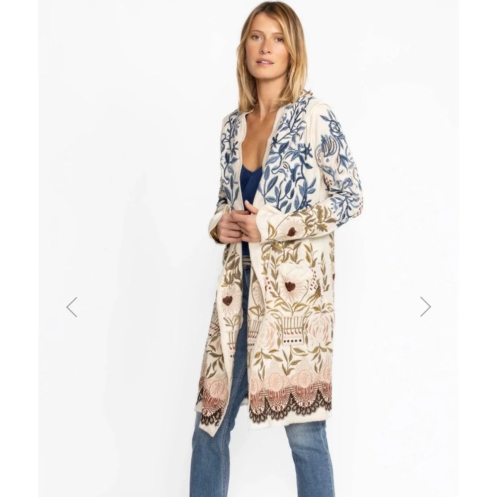 Biya Johnny Was Teresa Embroidered Hooded Cardigan Duster Ecru Bird Floral Small